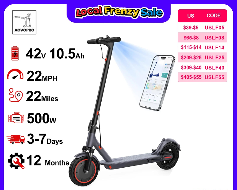 AOVOPRO TMAX 10-Inch 500W Electric Scooter 22MPH Adult