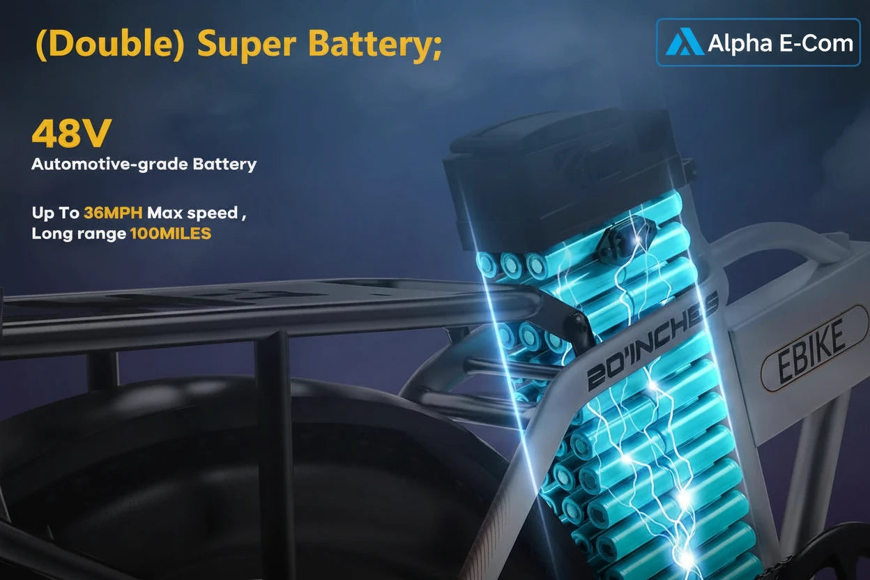 Electric bike battery pack with glowing blue connectors.