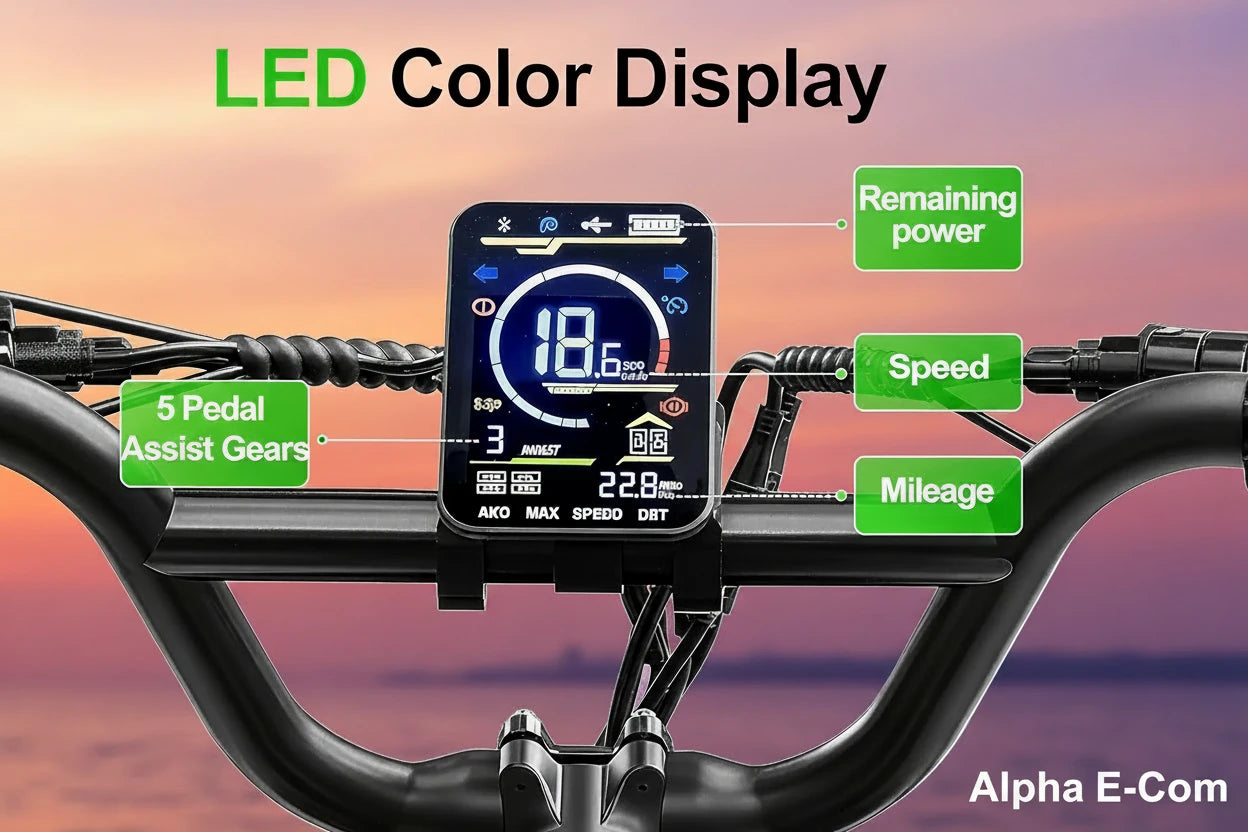 Bicycle handlebar with an LED color display showing various metrics on a gray background.