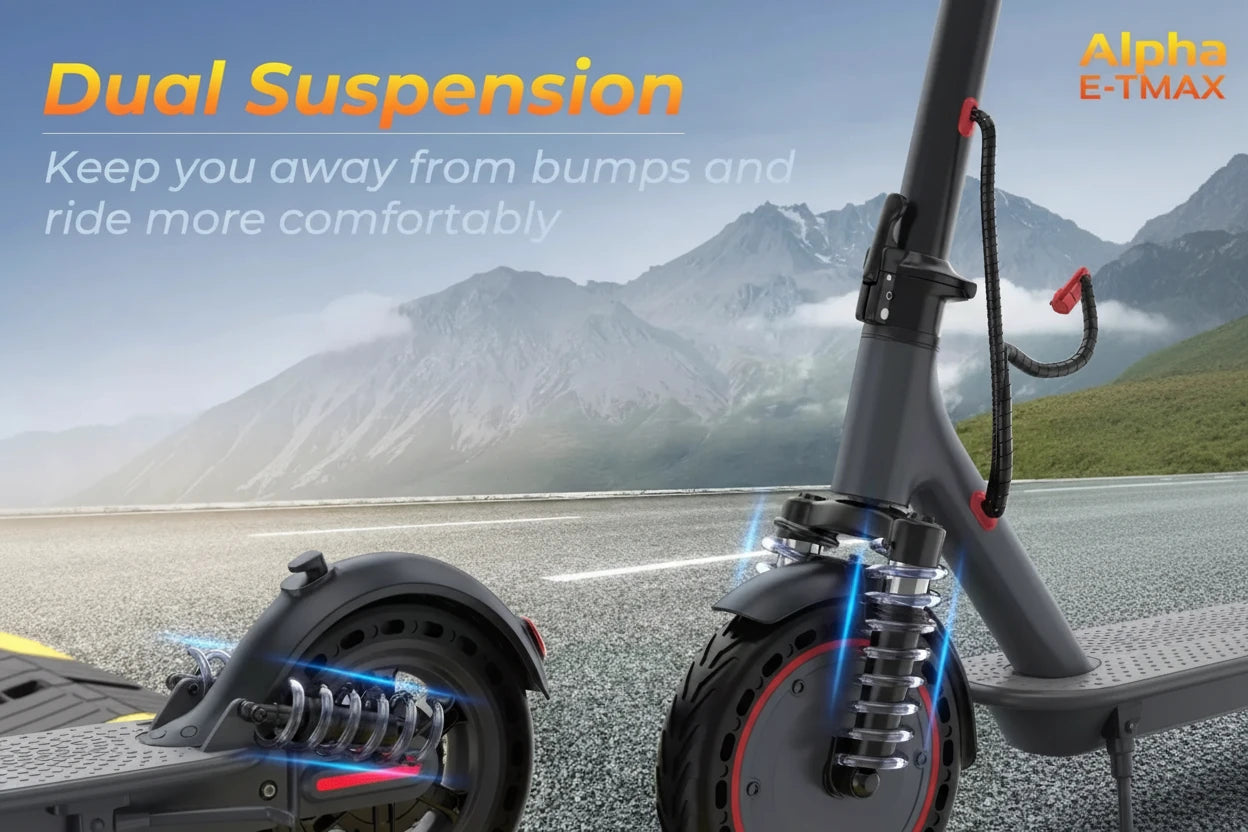 Electric scooter with dual suspension system on a road with mountains in the background