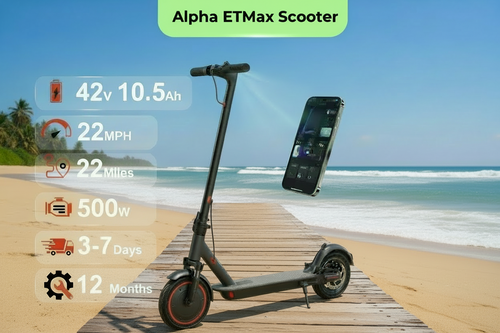 Alpha ETMax scooter on a beach with specifications displayed.