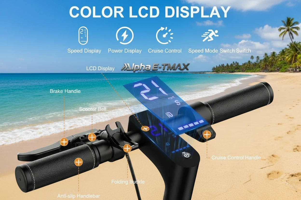 Electric scooter handlebar with color LCD display on a beach background