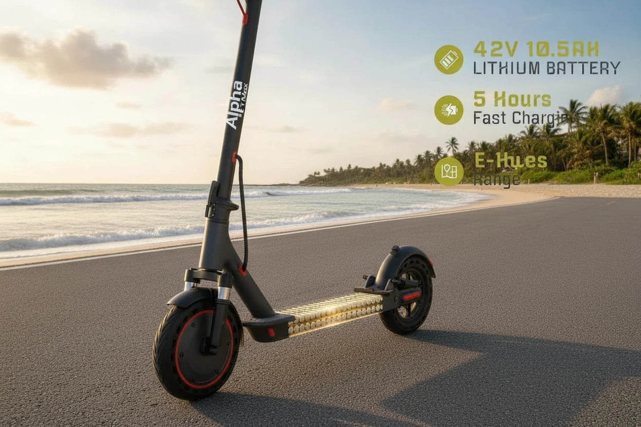 Electric scooter on a beach with sunset and palm trees in the background