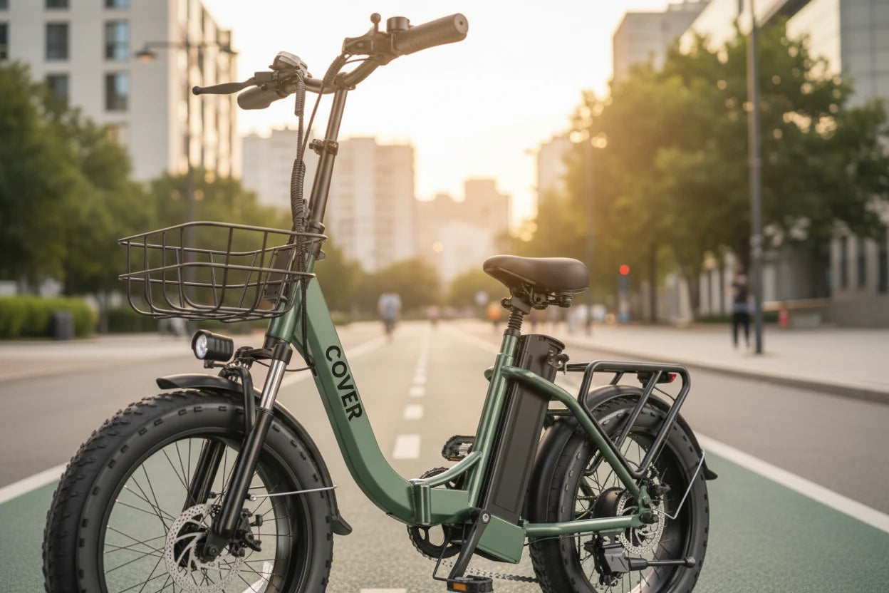 Green electric bike with a basket on a white background