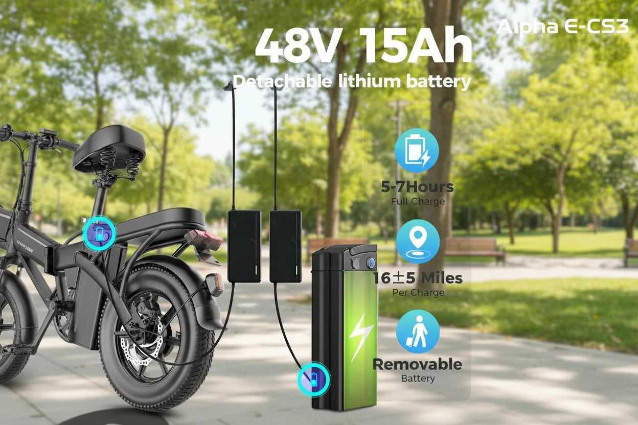 Electric bike with detachable lithium battery and charging information displayed.
