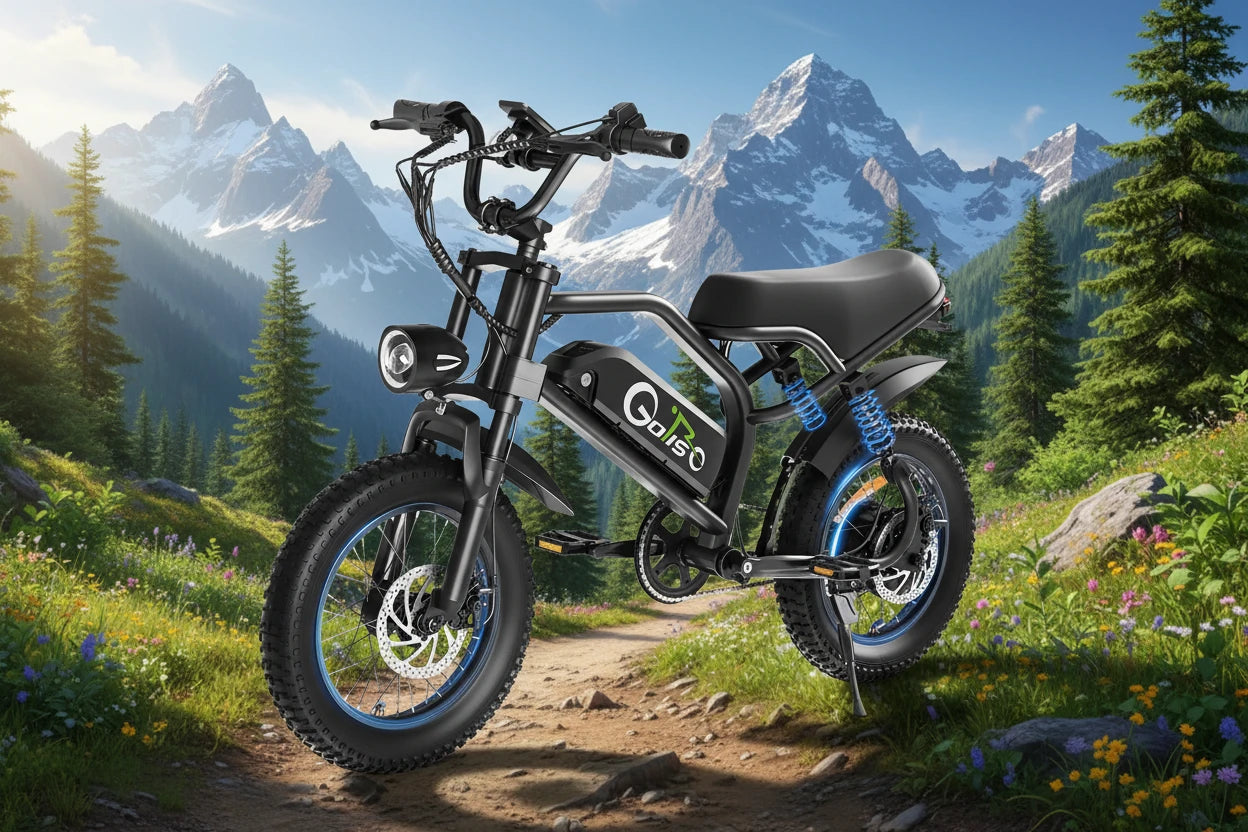 Black electric bike with blue accents on a white background