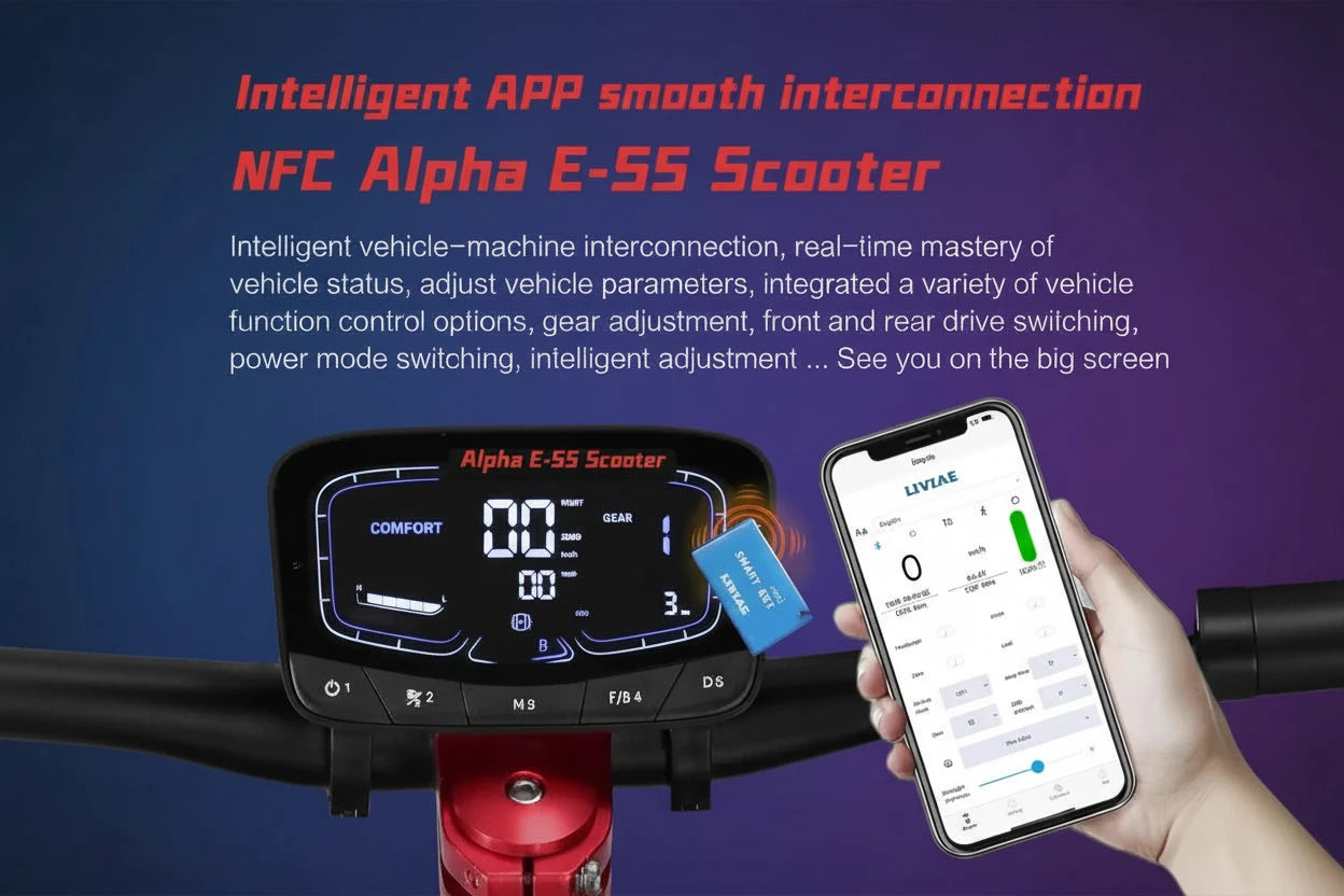 Smart scooter display with smartphone app for vehicle control.