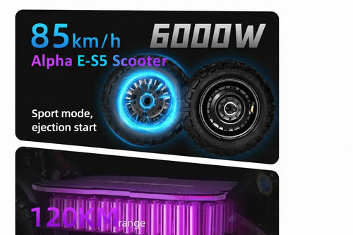 Alpha E-S5 scooter with Motorcycle components, speed and power.