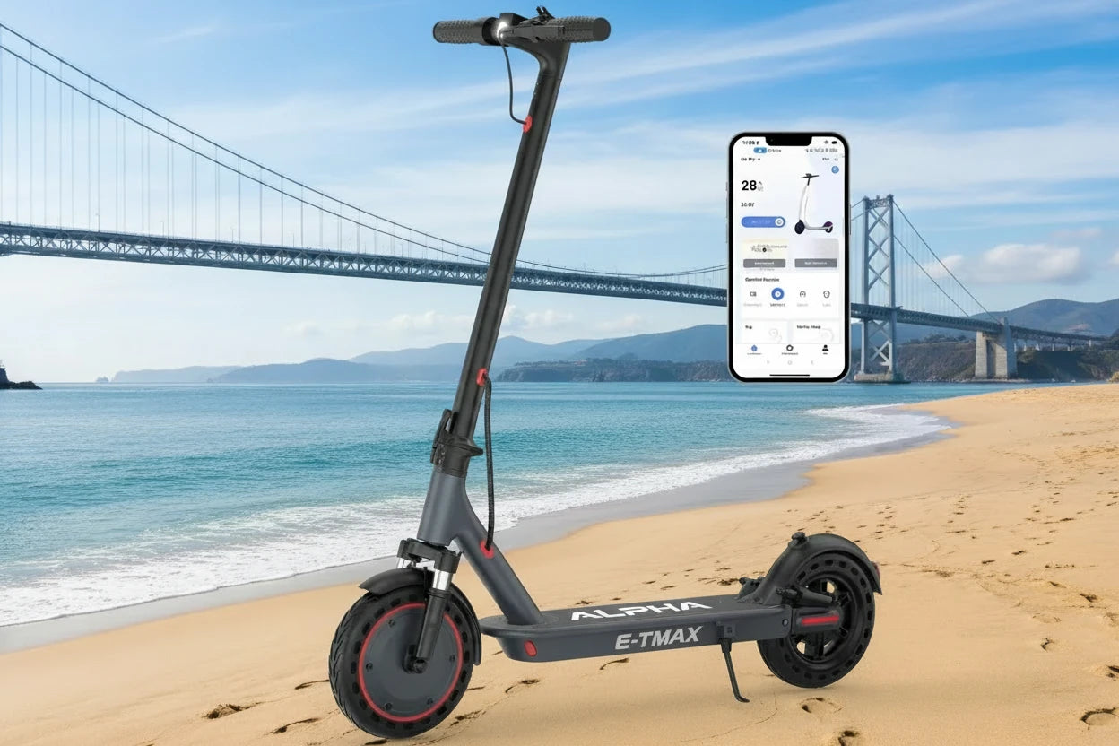 Electric scooter with smartphone displaying app interface.