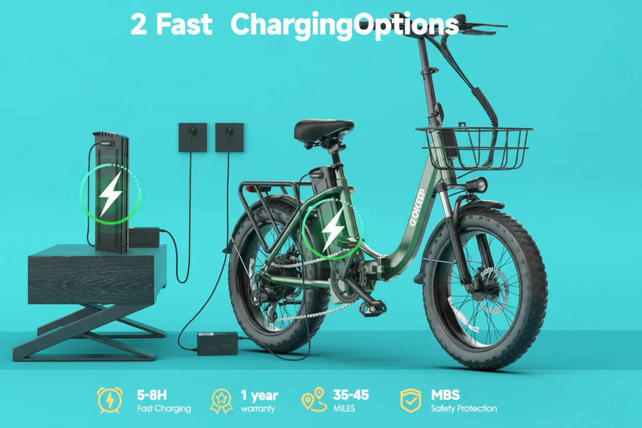 Electric bike with fast charging options displayed on a dark background