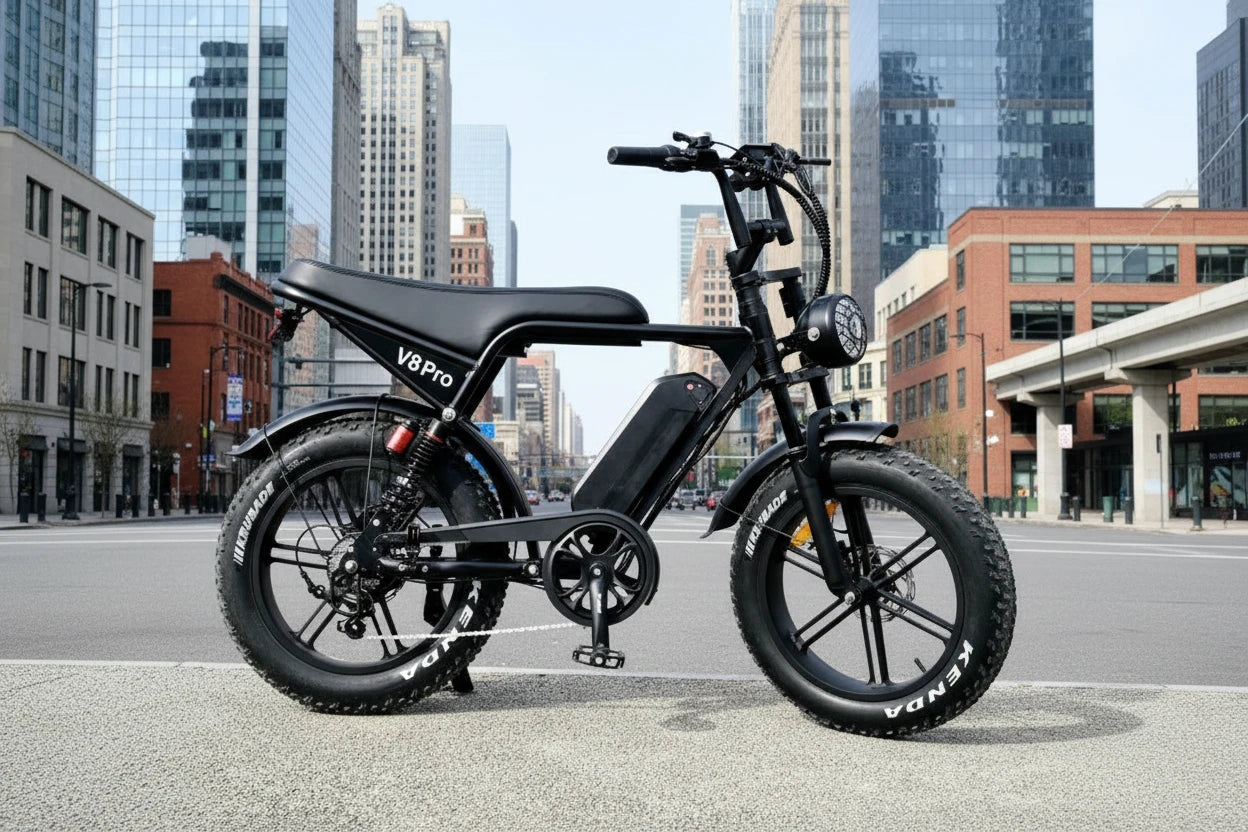 Black electric bike with 'V8 Pro' branding parked near a body of water with buildings in the background.