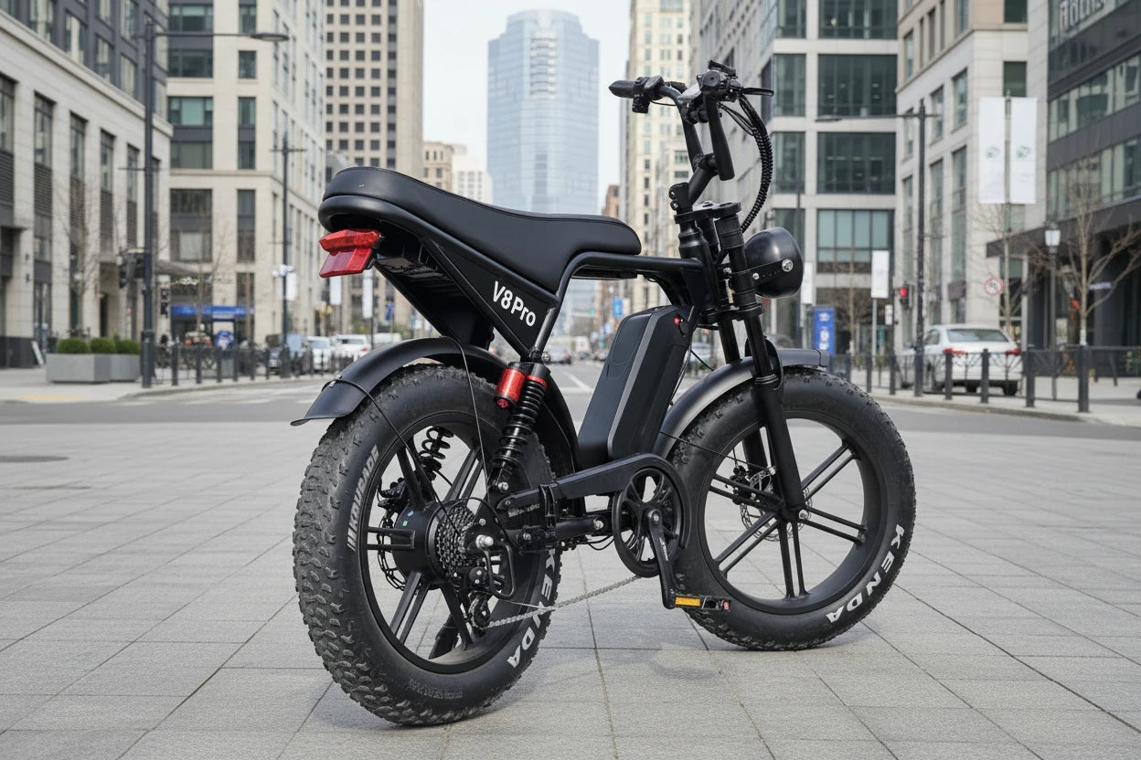 Black electric bike with 'V8Pro' branding on a paved path near a body of water.