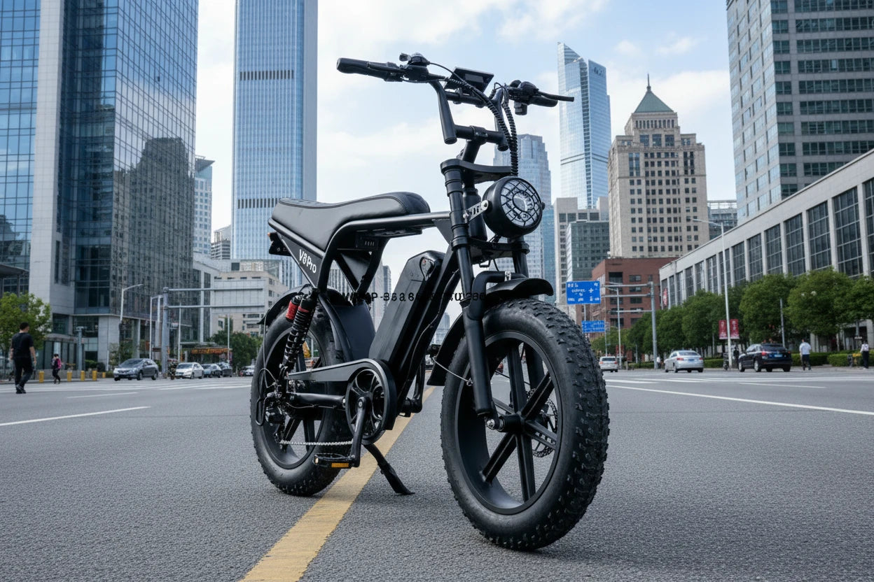 Black electric bike parked near a body of water with trees in the background