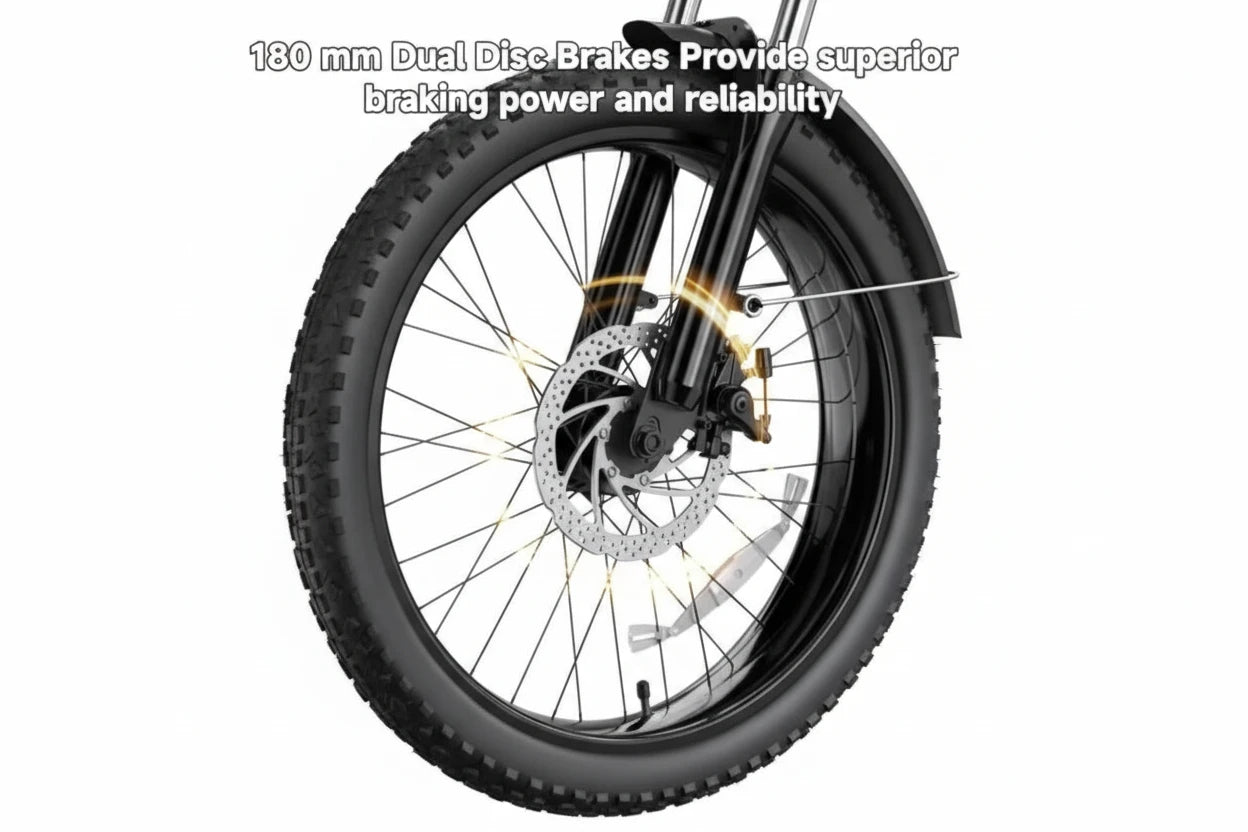 Motorcycle wheel with 180 mm dual disc brakes highlighted, emphasizing superior braking power and reliability.