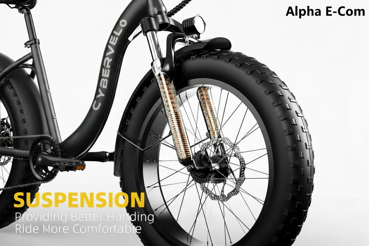 Close-up of a bicycle suspension fork with 'Cybervelo' branding on a black background.