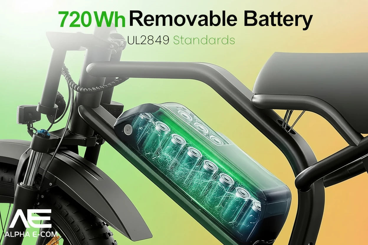 Motorcycle with a 720Wh removable battery pack, featuring specifications and standards.