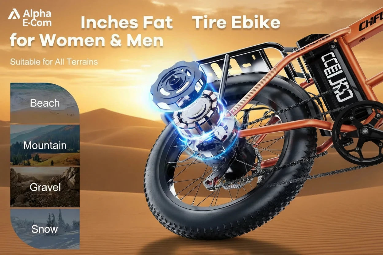 Fat tire eBike with 20*3 inches tires, suitable for all terrains including beach, mountain, gravel, and snow, on a snowy background.